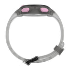 Side view of Timex TW5M65700 watch showing the grey case, pink buttons and grey strap.
