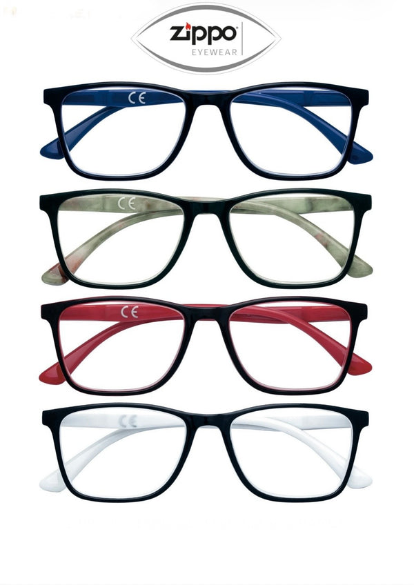 Zippo non-prescription reading glasses with Italian design, featuring sleek frames and clear lenses for easy reading.