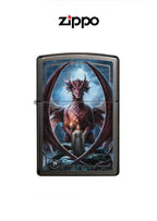Zippo lighter from the Anne Stokes Collection featuring detailed gothic artwork, windproof design, and lifetime guarantee.