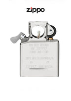 Chrome Zippo lighter pipe insert with windproof design and lifetime guarantee, shown in a close-up shot.