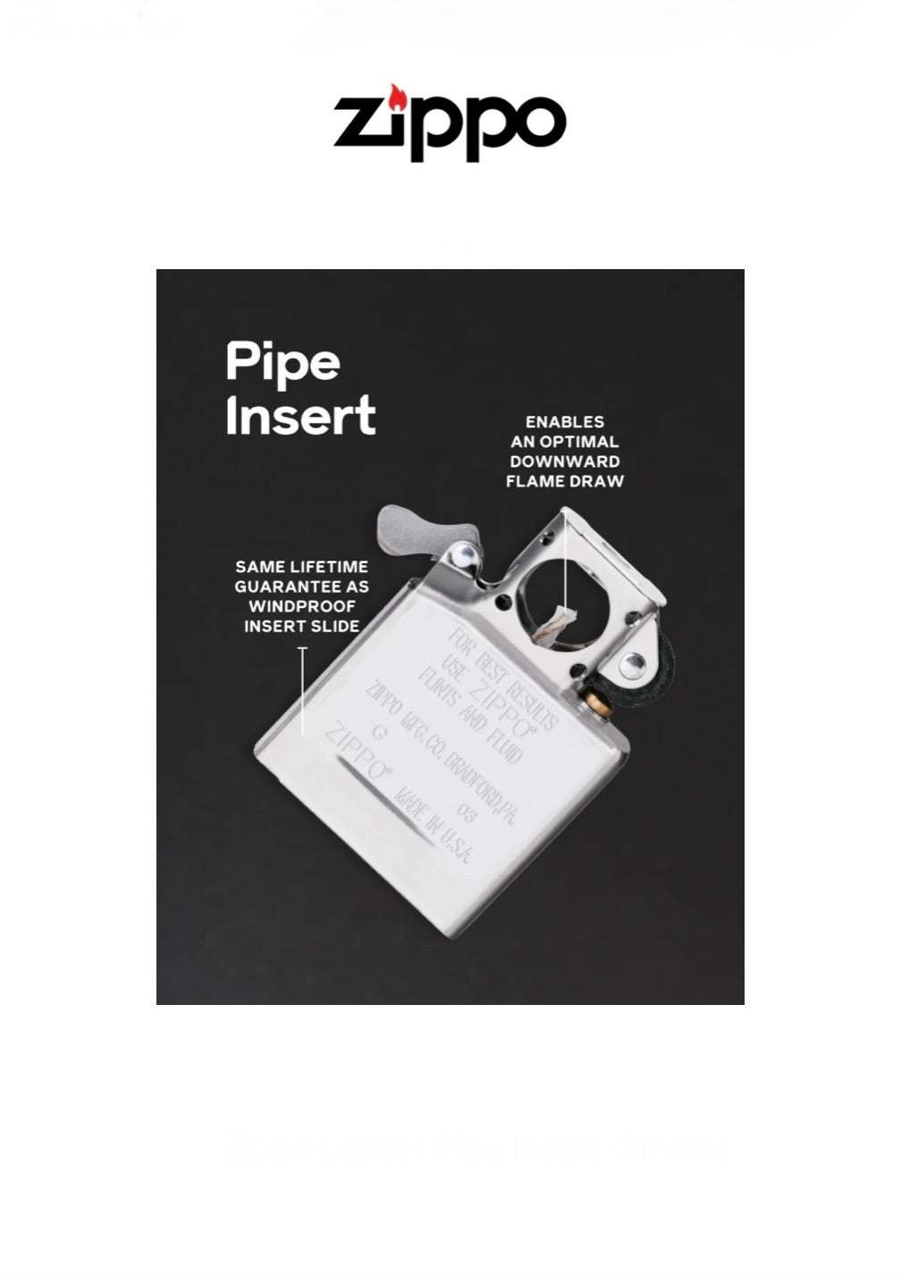Zippo Lighter Pipe Insert Chrome 65846 Windproof Lifetime Guarantee Free Delivery