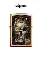 Zippo lighter from the Anne Stokes Collection featuring a steampunk skull design, windproof and lifetime guarantee.