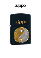 Zippo lighter with abstract Ying Yang, dragon and witch design, windproof, lifetime guarantee, durable metal construction.
