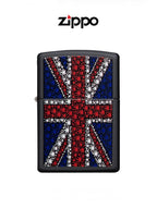 Zippo lighter with Union Jack and cannabis design, windproof, lifetime guarantee, featuring the classic Zippo brand and metal case.