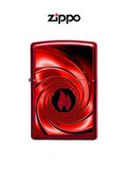 Zippo lighter with red swirl design, windproof, lifetime guarantee, featuring the classic metal case and hinged lid.