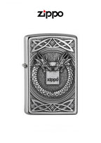 Zippo lighter with dragon design, windproof metal case, featuring the Zippo brand logo and a classic flip-top lid.