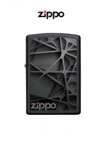 Zippo lighter with black abstract design, windproof, lifetime guarantee, compact and stylish portable lighter by Zippo.