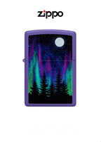 Zippo lighter with night in the forest design, windproof, featuring a durable metal case and lifetime guarantee.