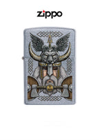 Zippo lighter with Viking Odin design, windproof and durable, showcasing detailed artwork on a classic metal case.