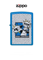 Zippo lighter with Stormtrooper Boom design, windproof, original Zippo brand, showcasing detailed graphics on metal surface.