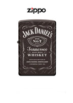 Zippo lighter with Jack Daniels Black Ice logo and portrait, windproof design, featuring a sleek black finish and engraved branding.
