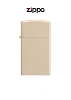 Zippo Slim Flat Sand windproof metal lighter with lifetime guarantee, featuring a sleek, rectangular design and durable construction.