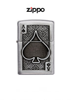 Zippo lighter with Ace of Spades emblem design, windproof metal case, featuring the Zippo brand logo and lifetime guarantee.