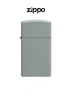 Zippo Slim Flat Grey Windproof Lighter with Lifetime Guarantee, featuring a sleek grey finish and compact design.