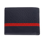 Zippo navy blue leather bi-fold wallet with 8 card slots, shown open with visible card compartments and sleek design.