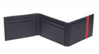 Navy blue Zippo leather credit card case with foldable design and 10 card slots, shown open with cards inside.