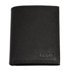 Black Zippo Saffiano Tri-Fold Wallet with 10 card slots, made of leather, showcasing a sleek and compact design.