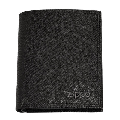 Black Zippo Saffiano Tri-Fold Wallet with 10 card slots, made of leather, showcasing a sleek and compact design.