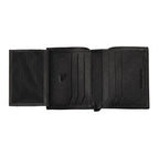 Black Zippo Saffiano leather tri-fold wallet with 10 card slots, featuring a sleek design and durable craftsmanship.