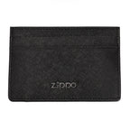 Black Zippo Saffiano leather money clip wallet with sleek design and compact size, featuring a secure money clip and textured finish.