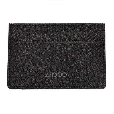 Black Zippo Saffiano leather money clip wallet with sleek design and compact size, featuring a secure money clip and textured finish.