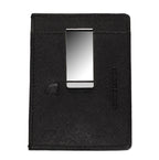Black Zippo Saffiano leather money clip wallet with sleek design and metal clip for secure cash and card storage.