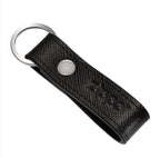 Zippo Saffiano black leather keyring with silver keyring attachment, featuring textured leather and Zippo branding.