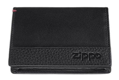 Black Zippo leather business card wallet with Nappa leather finish, compact design for holding credit cards and business cards.