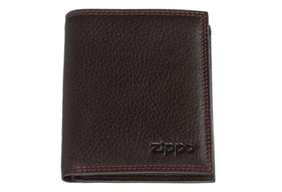 Brown Zippo tri-fold wallet made of Nappa leather, featuring multiple card slots and a secure bill compartment.