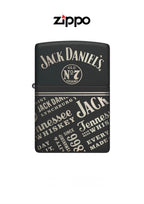Zippo lighter featuring Jack Daniels design, windproof metal case with lifetime guarantee logo, classic Zippo style.