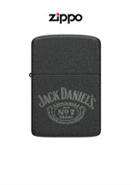 Zippo lighter featuring Jack Daniels No 7 design with windproof flame and lifetime guarantee, classic metal lighter with engraved branding.