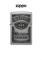 Zippo lighter featuring Jack Daniels chrome label emblem, windproof design, and lifetime guarantee.