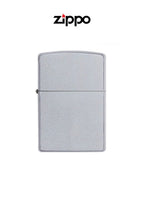 Zippo lighter in satin chrome finish with windproof design and lifetime guarantee, featuring classic rectangular shape.