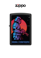 Zippo lighter featuring a Stormtrooper moon design, windproof, with lifetime guarantee, in a classic metal case.
