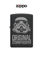 Zippo lighter featuring original Stormtrooper logo design, windproof with lifetime guarantee, classic metal case, and iconic Star Wars theme