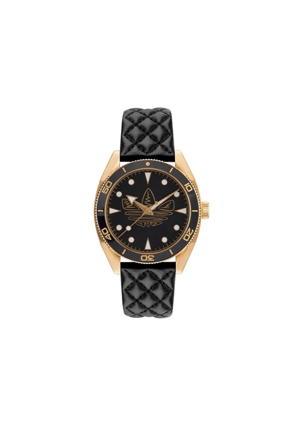 Adidas men's watch from the Edition Two series, featuring a sleek black dial and stainless steel band, on a white background.