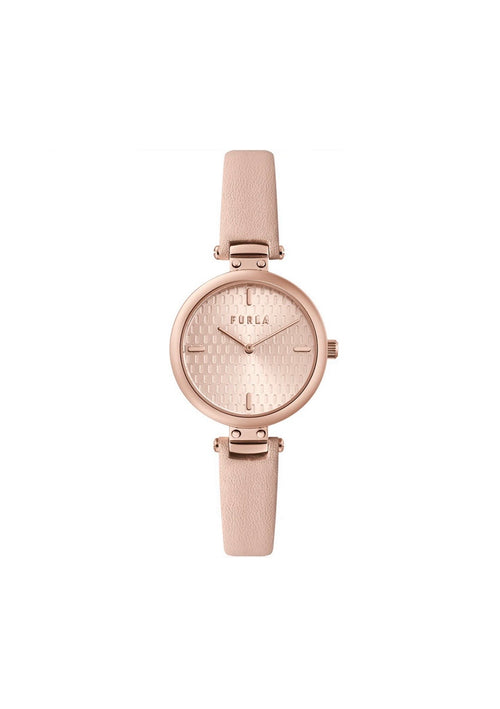 Furla ladies watch with a sleek silver dial and leather strap, showcasing elegant design and brand logo.