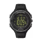 Timex men's Expedition Shock XL digital watch showing time and features on a black strap and rugged design.