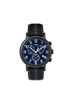 Timex Men’s Weekender Chronograph watch with black dial, silver case, and leather strap showing on wrist.