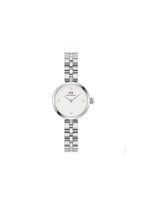 Daniel Wellington Elan Lumine silver ladies watch with a sleek round face and a silver strap, showcasing elegance and minimalist design.