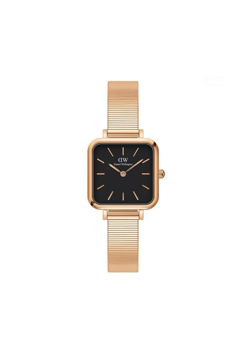 Daniel Wellington Ladies Watch Quadro Studio DW00100518 with silver dial and stainless steel bracelet, close-up shot.