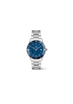 Daniel Wellington men's Iconic Paradigma Link watch with blue enamel dial and silver stainless steel band, close-up view.