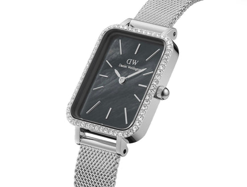 Daniel Wellington Quadro Lumine silver ladies watch with a sleek rectangular face and silver strap, showcasing elegant design.