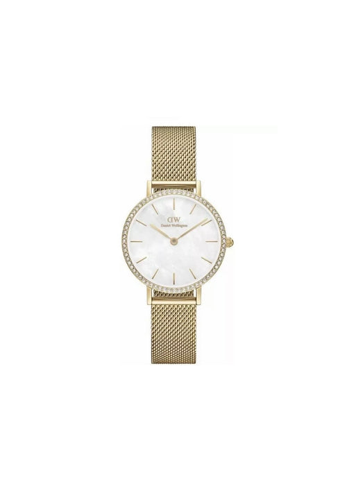 Daniel Wellington Ladies Petite Lumine Gold Watch with 28mm case and minimalist design, featuring a gold-tone dial and strap.