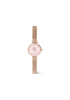 Daniel Wellington Ladies Petite Mini Blush Melrose watch with rose gold case and blush leather strap, displaying the time.