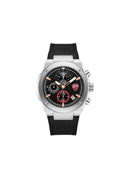 Ducati men's Touring Chronograph watch with black dial and stainless steel band, featuring multiple subdials and sporty design.