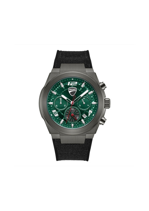 Ducati men's chronograph touring watch with black dial, stainless steel band, and sporty design.