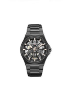 Kenneth Cole men's black skeleton automatic watch with visible gears and black strap, showcasing sleek and modern design.