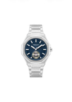 Kenneth Cole men's silver Benson automatic watch with stainless steel band and round dial, detailed close-up image.