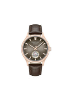 Kenneth Cole men's Newport brown skeleton automatic watch with visible inner mechanics and leather strap.